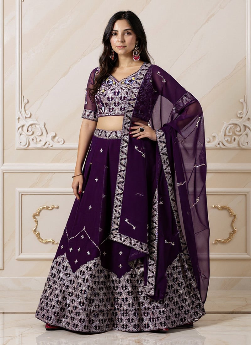 Purple Faux Georgette Zari Sequins Lehenga Wedding Wear
