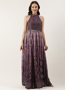 Teen Girls Purple Georgette Embroidered Halter Neck Gown