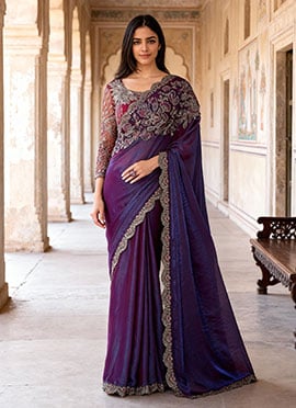 Purple Georgette Embroidered Sequins Cut Work Saree
