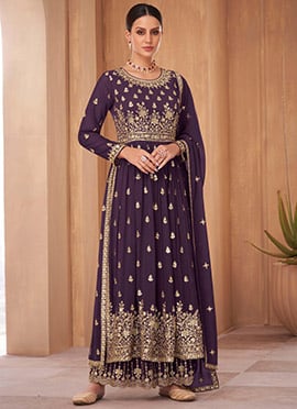 Purple Georgette Embroidery Palazzo Suit