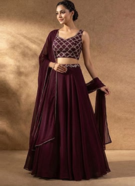 Purple Georgette Hand Embroidered Beads Work Lehenga Set
