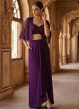 Purple Georgette Hand Embroidered Sequins Beads Indowestern Skirt Set With Jacket