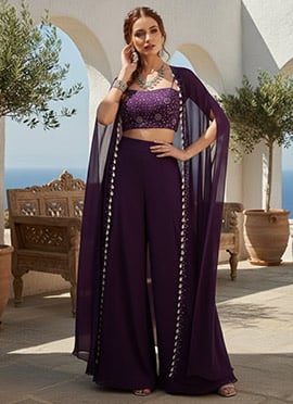 Purple Georgette Hand Embroidered With Beads Work Jacket Palazzo Set