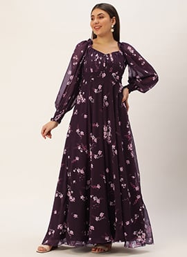 Purple Georgette Printed Pleated Yoke Gown