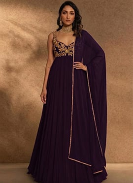 Purple Georgette Resham Beads Hand Embroidered Anarkali Suit