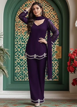 Purple Georgette Resham Stones Classic Palazzo Suit