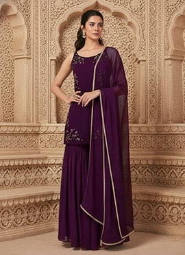 Purple Georgette Resham Stones Hand Embroidered Sharara Suit