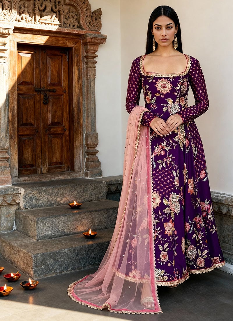 Purple Georgette Sequins Embroidered And Digital Print Anarkali Suit Festive Wear