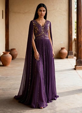 Purple Georgette Zari And Embroidered Sequins Cutdana Gown