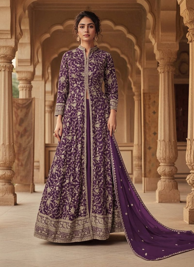 Purple Georgette Zari Embroidered Sequins Anarkali Lehenga