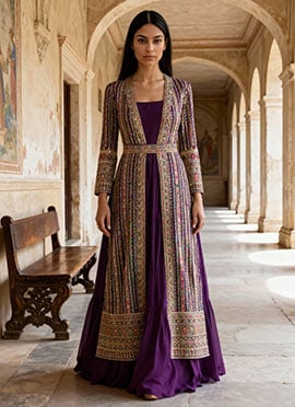 Purple Georgette Zari Embroidered Sequins And Stone Hand Work Gown With Jacket