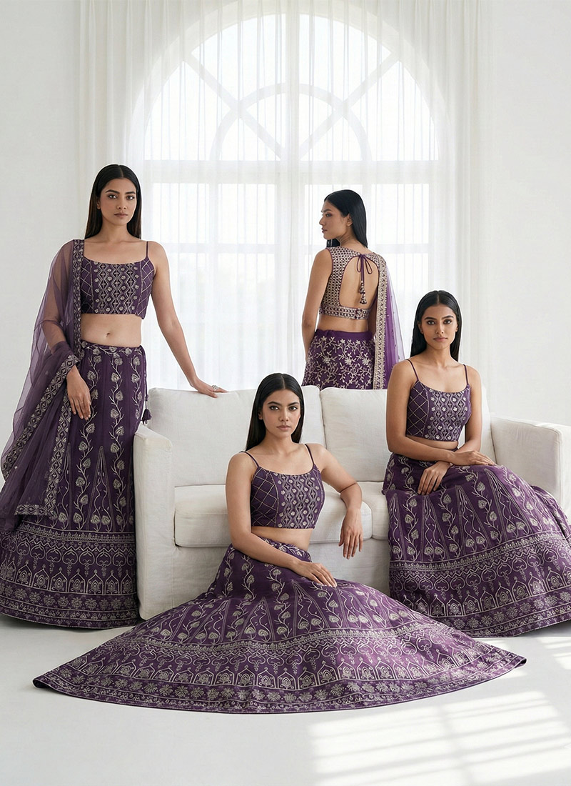 Purple Georgette Zari Embroidered Sequins Beautiful Lehenga Wedding Wear