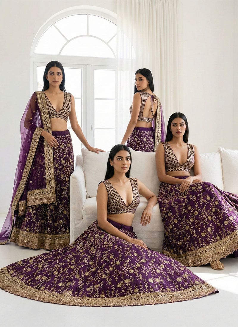 Purple Georgette Zari Embroidered Sequins Glamorous Lehenga Wedding Wear