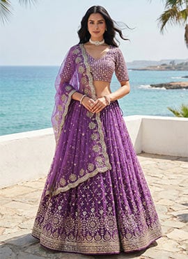 Purple Georgette Zari Embroidered Sequins Umbrella Lehenga Wedding Wear