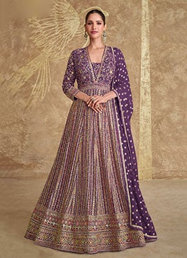 Purple Georgette Zari Embroidered Stone Sequins A Line Gorgeous Anarkali Suit