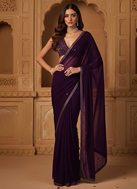 Purple Georgette Zari Hand Embroidered Sequins Saree