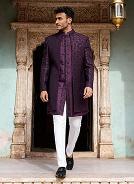 Purple Jacquard Silk Zari Work Indowestern Sherwani