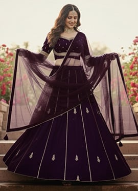 Purple Malai Satin  Zari Hand Embroidered Sequins Lehenga