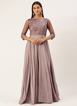 Teen Girls Purple N Mauve Net Embroidered Gown