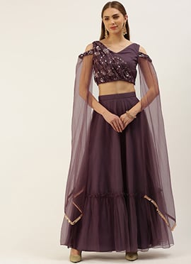 Purple Net Embroidered Skirt Set