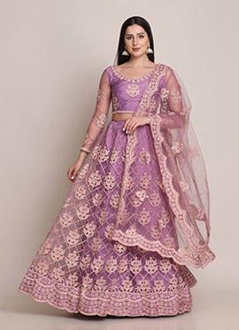 Purple Net Embroidered Stone Work Umbrella Lehenga