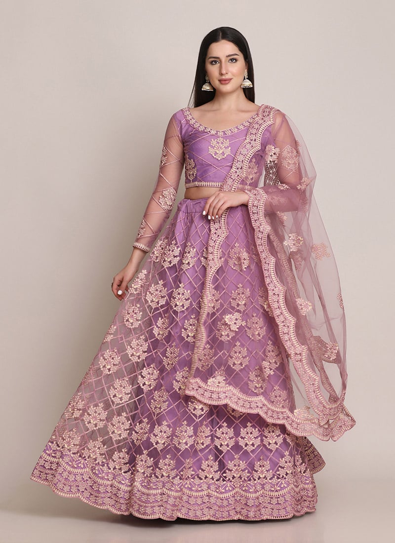 Purple Net Embroidered Stone Work Umbrella Lehenga Party Wear