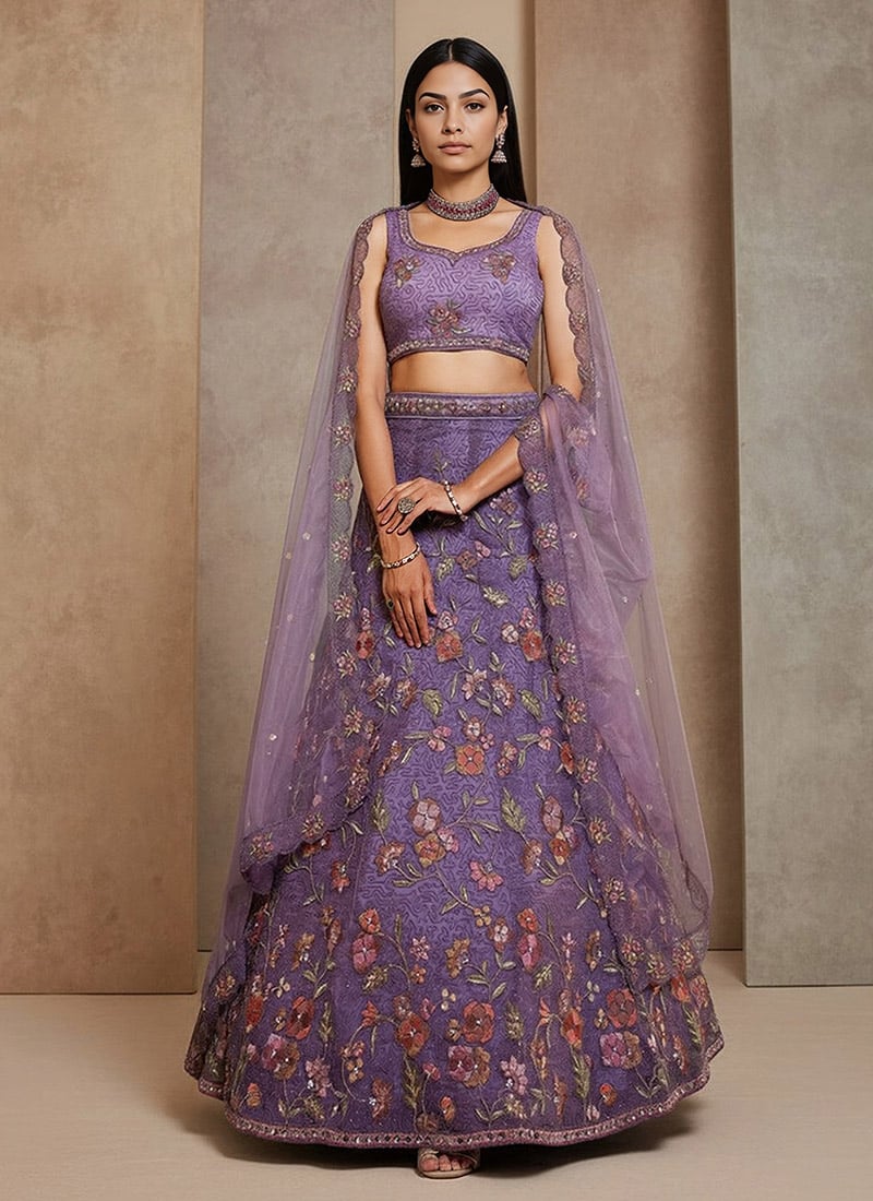 Purple Net Zarkan Floral Embroidered Sequins With Stone Work Lehenga Wedding Wear