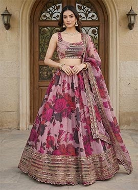 Purple Organza Floral Digital Print Gota Work Glamorous Lehenga