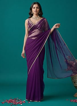 Purple Organza Zari Sequins Hand Embroidered Saree