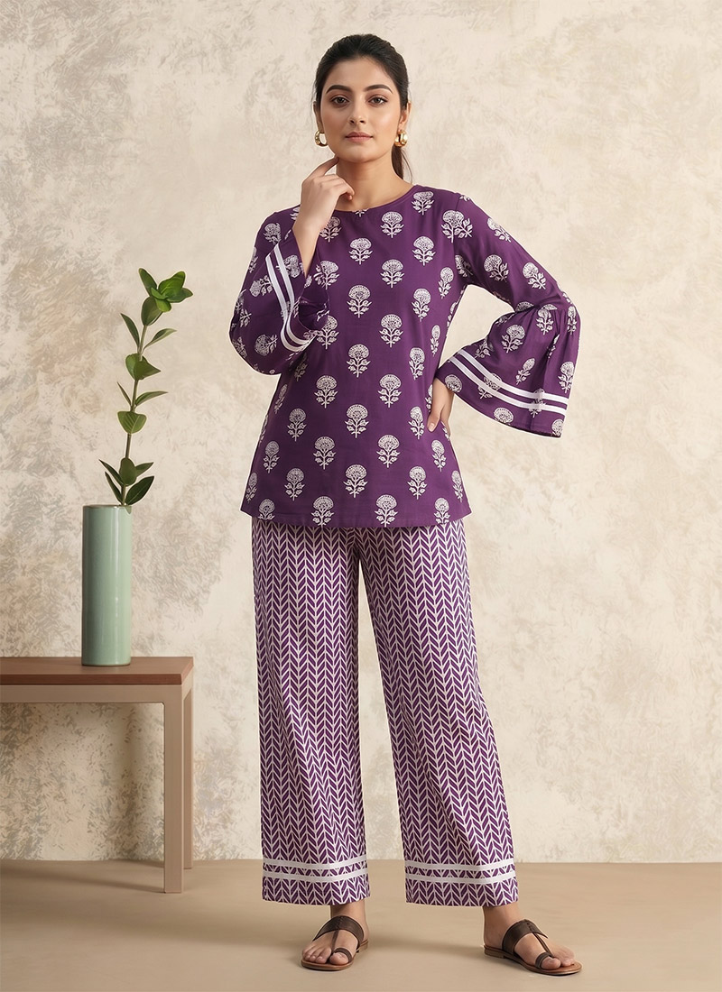 Purple Printed Cotton Co Ord Pant Set After Six Wear