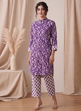 Purple Printed Cotton Kurta Set
