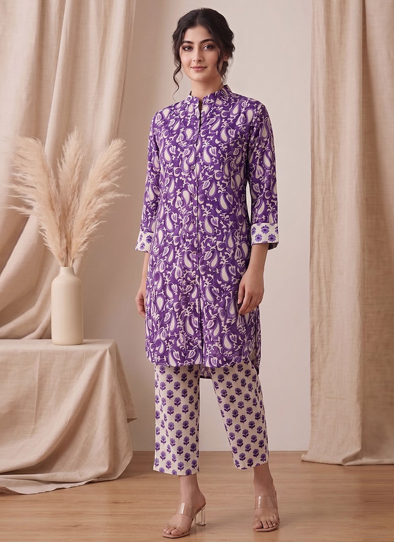 Purple Printed Cotton Kurta Set After Six Wear
