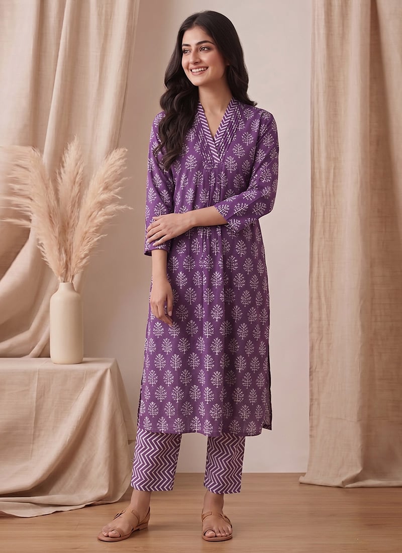 Purple Printed Cotton Kurta Set After Six Wear