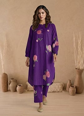 Purple Printed Cotton Kurta Set