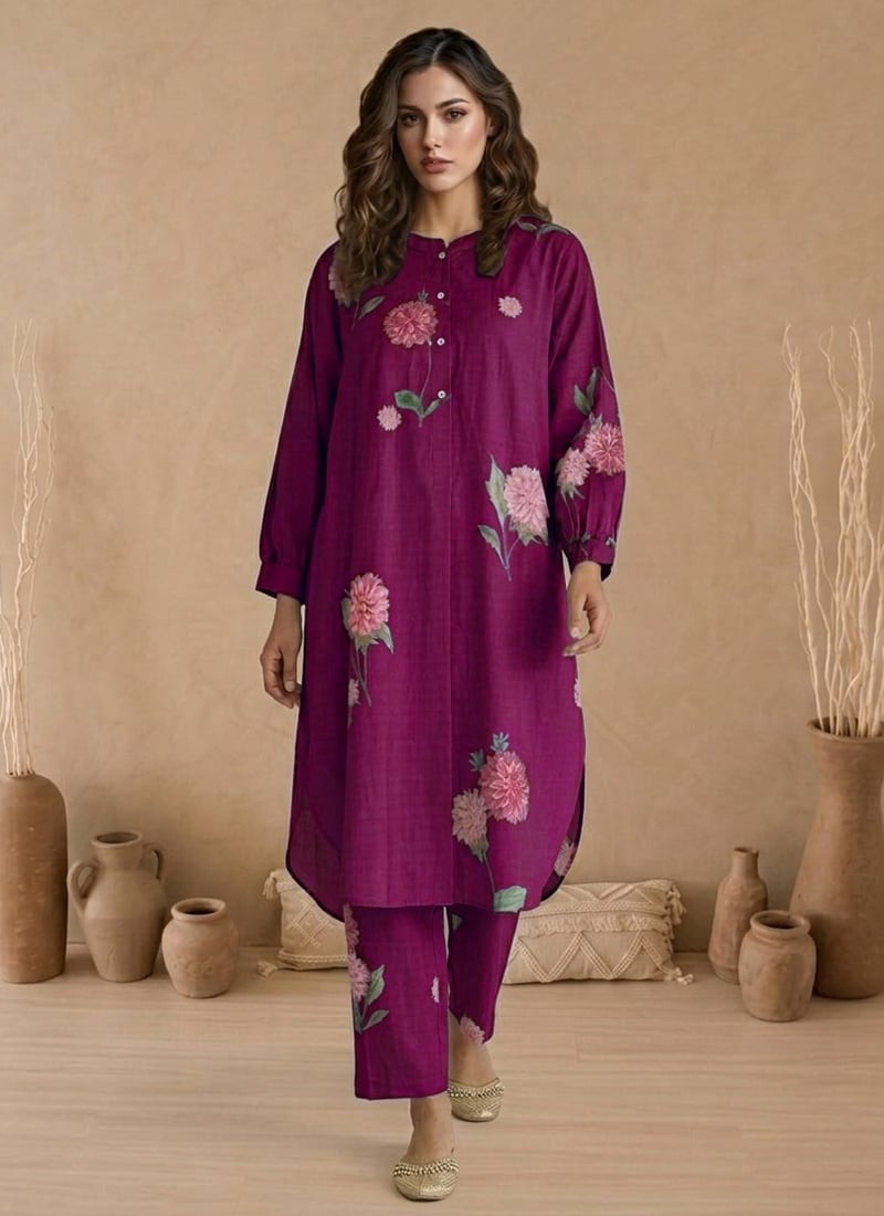 Purple Printed Cotton Kurta Set After Six Wear