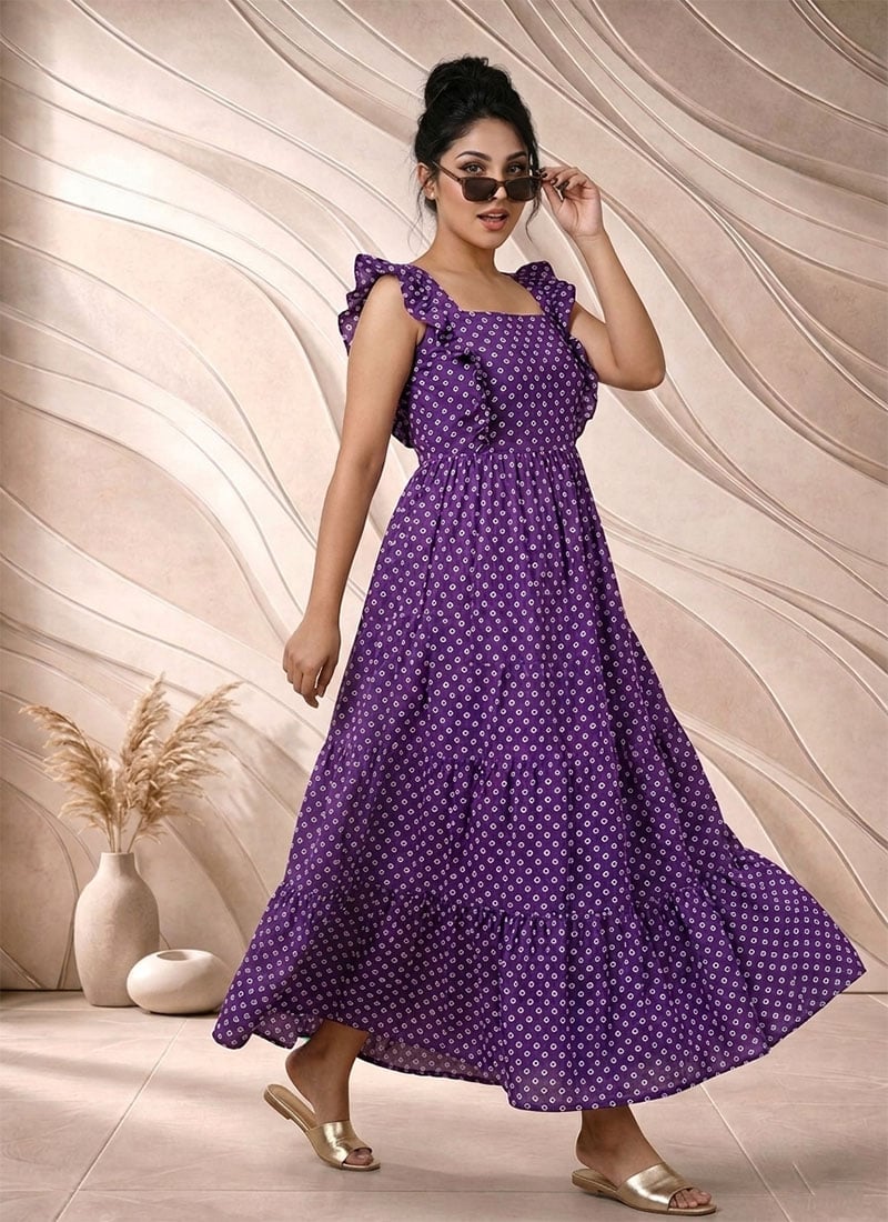 purple dress online india Shop Purple Georgette Kutch Work Bandhini Print Dress Festive Wear in India