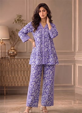 Purple Printed Cotton Peplum Top Palazzo Set