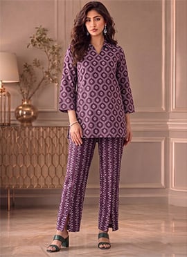 Purple Printed Cotton Straight Top Pant Set