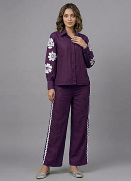 Purple Royal Bloom Rayon Cotton Co Ord Set