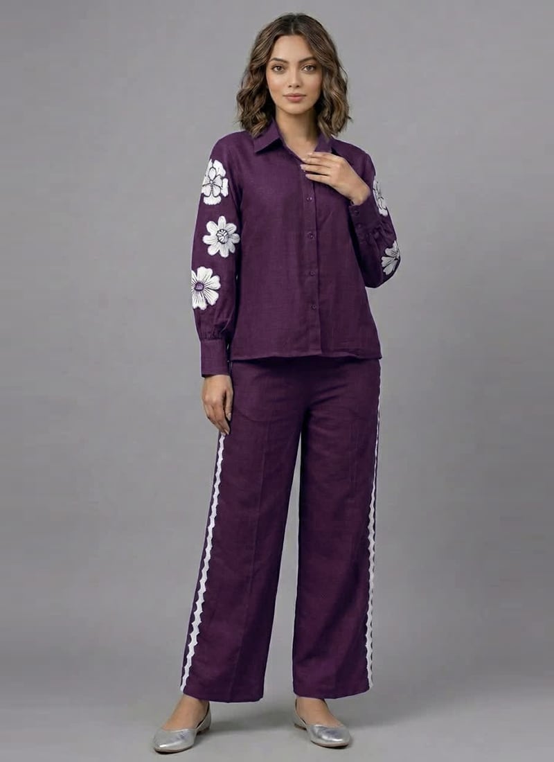 Purple Royal Bloom Rayon Cotton Co Ord Set After Six Wear