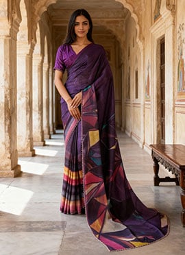 Purple Satin Silk Digital Print And Stones Saree