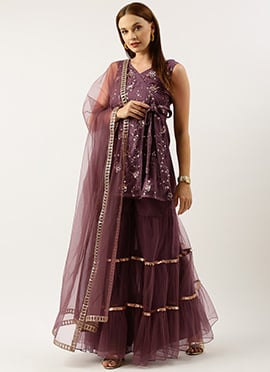 Purple Sequin Embroidered Net Sharara Suit