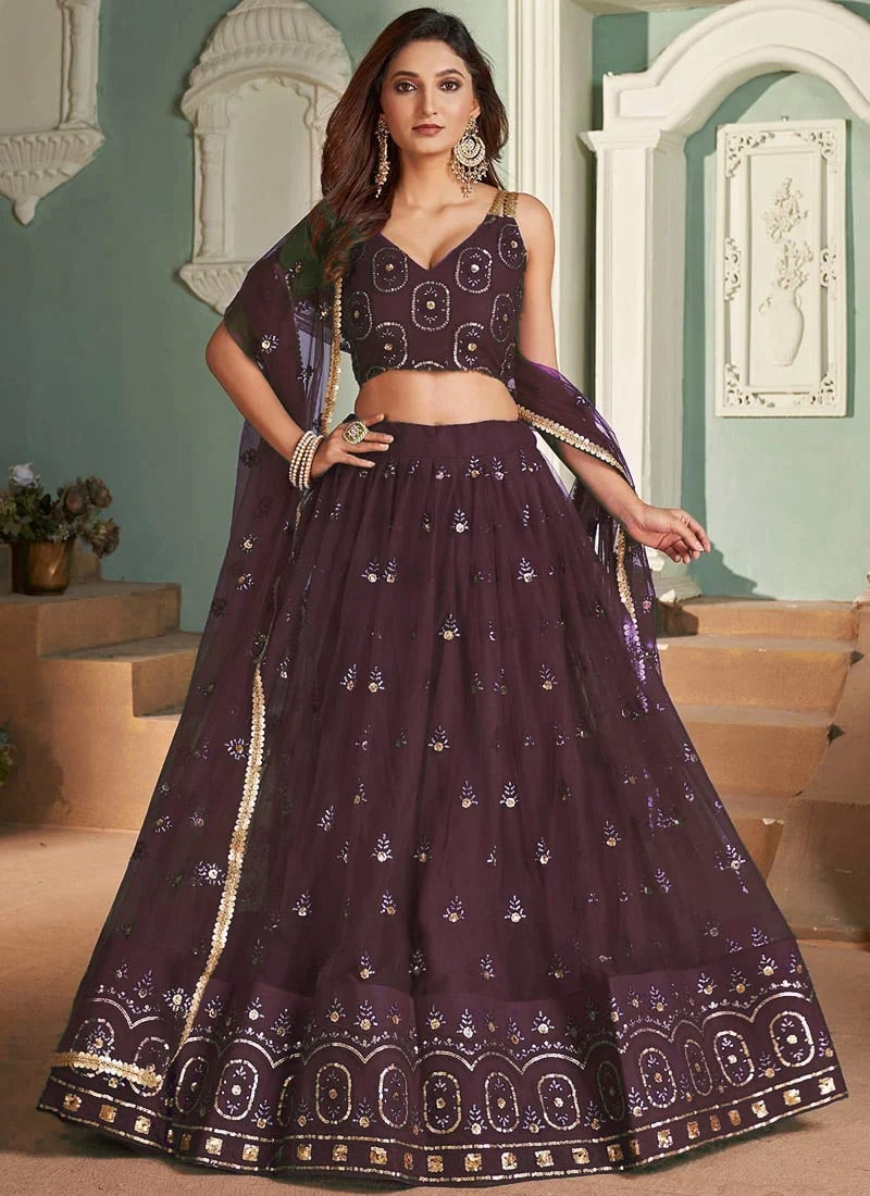 Purple Sequins Net Umbrella Lehenga Party Wear