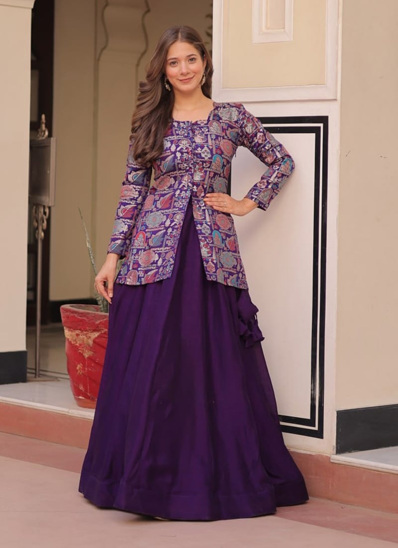 Purple Shimmer Vichitra Jacquard Indowestern Skirt Set Festive Wear