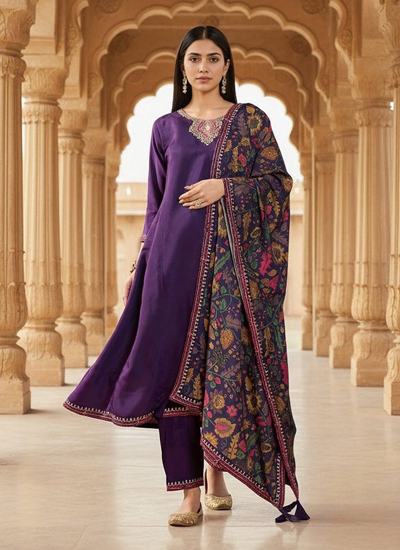 Purple Silk Cotton Embroidered Sequins Palazzo Suit With Digital Print Dupatta