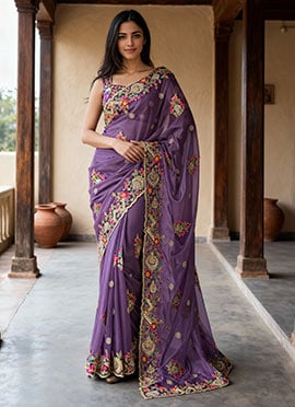 Purple Silk Embroidered Sequins Saree