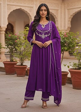 Purple Silk Zari Embroidered Sequins Anarkali Suit