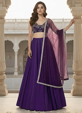 Purple Silk Zari Sequins Hand Embroidered A Line Lehenga
