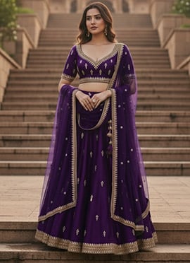 Purple Silk Zari Stones Embellished Umbrella Lehenga