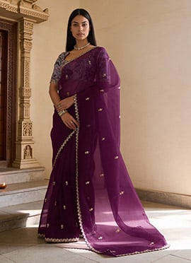 Purple Tissue Embroidered Sequins Saree With Digital Print Blouse